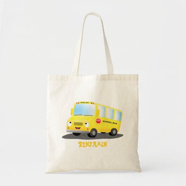 Cute happy yellow school bus cartoon tote bag (Front)