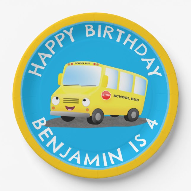 Cute happy yellow school bus personalised birthday paper plate (Front)
