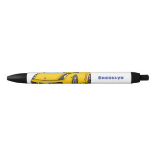 Cute happy yellow sports car cartoon black ink pen