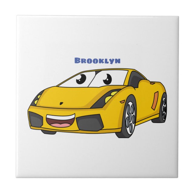 Cute happy yellow sports car cartoon ceramic tile (Front)