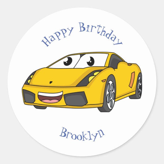 Cute happy yellow sports car cartoon classic round sticker (Front)