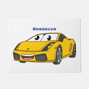 Cute happy yellow sports car cartoon doormat