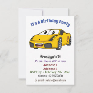 Cute happy yellow sports car cartoon invitation