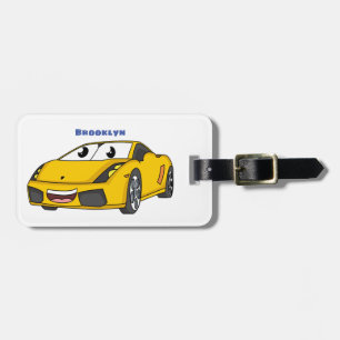 Cute happy yellow sports car cartoon luggage tag