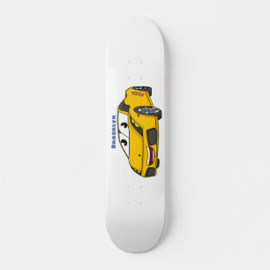 Cute happy yellow sports car cartoon skateboard