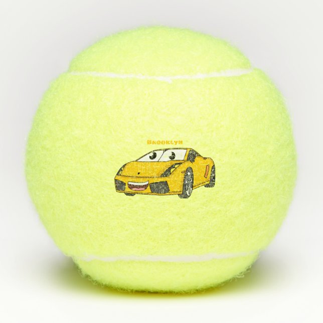 Cute happy yellow sports car cartoon tennis balls (Front)