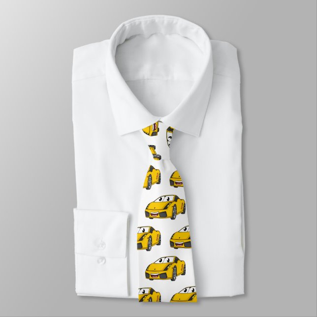 Cute happy yellow sports car cartoon tie (Tied)