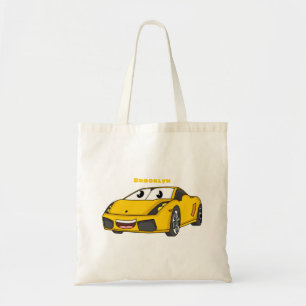 Cute happy yellow sports car cartoon tote bag