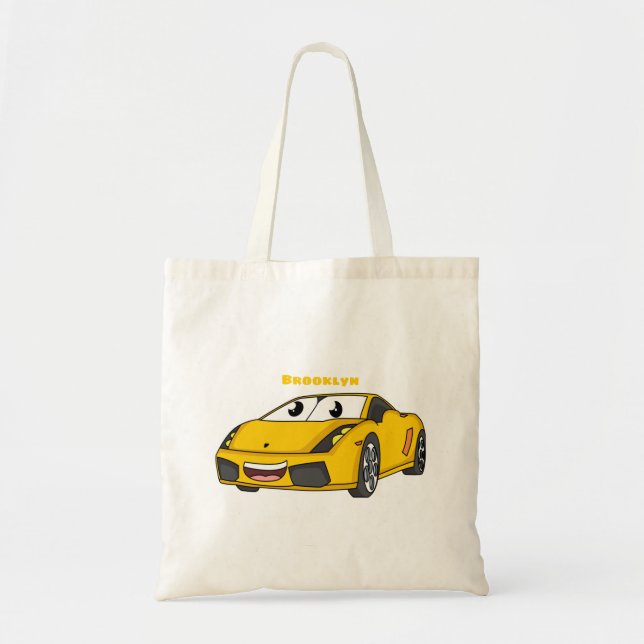 Cute happy yellow sports car cartoon tote bag (Front)