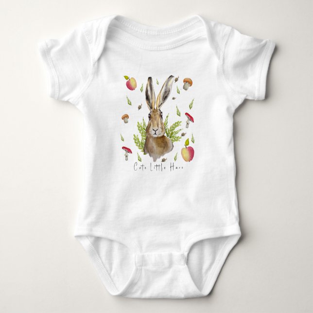 Cute hare with a background of apples and mushroom baby bodysuit (Front)