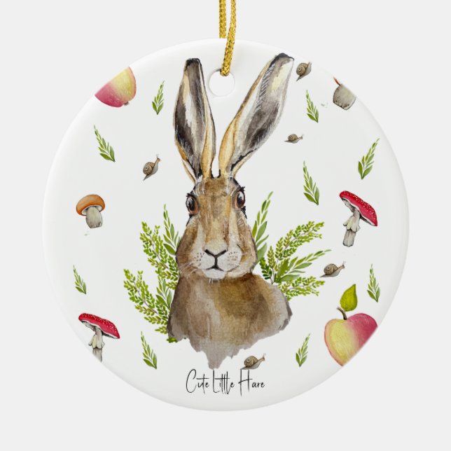 Cute hare with a background of apples and mushroom ceramic ornament (Front)