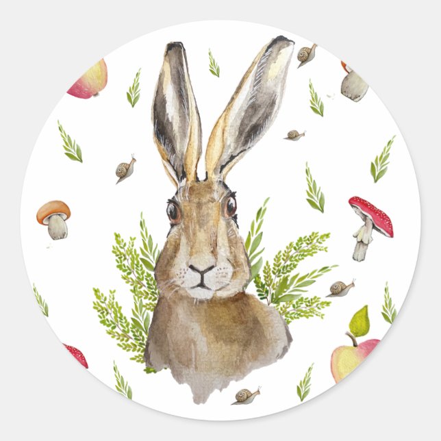 Cute hare with a background of apples and mushroom classic round sticker (Front)