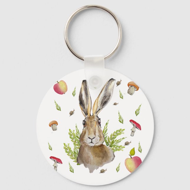 Cute hare with a background of apples and mushroom key ring (Front)