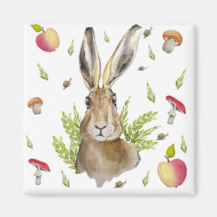 Cute hare with a background of apples and mushroom magnet