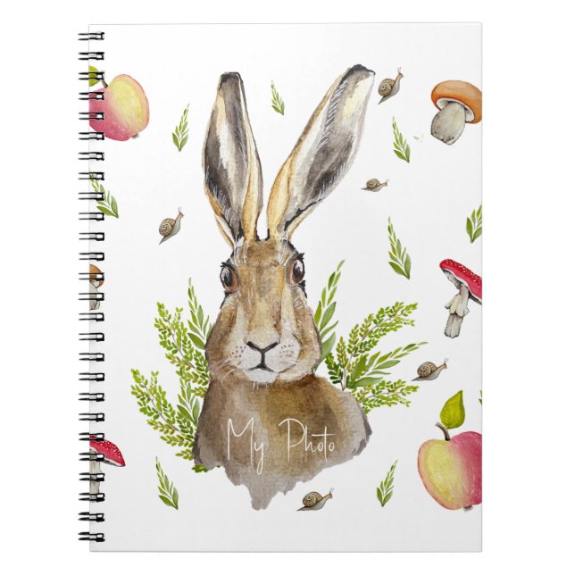 Cute hare with a background of apples and mushroom notebook (Front)