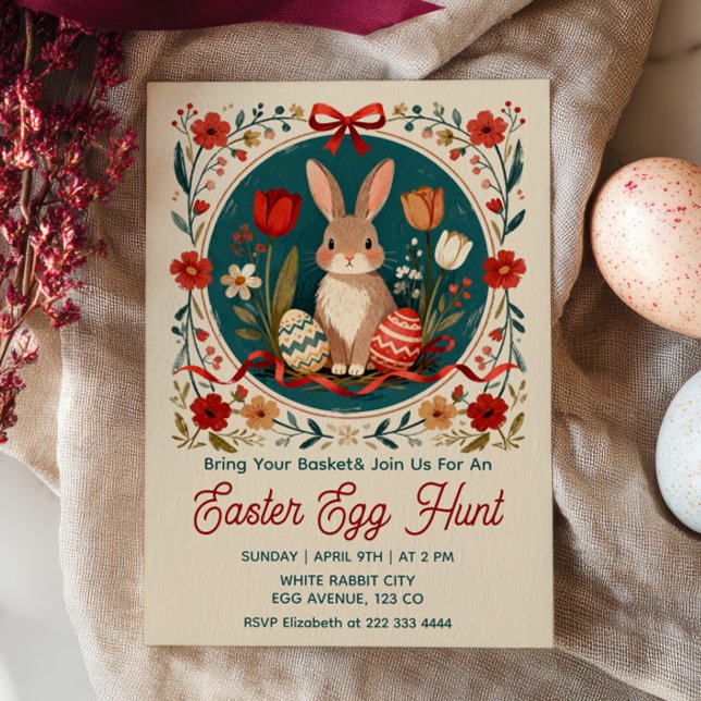 Cute Hare with Eggs Floral Easter Egg Hunt  Invitation (Creator Uploaded)