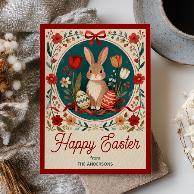 Cute Hare with Eggs& Spring Flowers Happy Easter Postcard (Creator Uploaded)