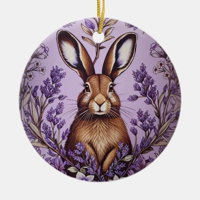 Cute Hare With Lavender William Morris Inspired  Ceramic Ornament (Front)