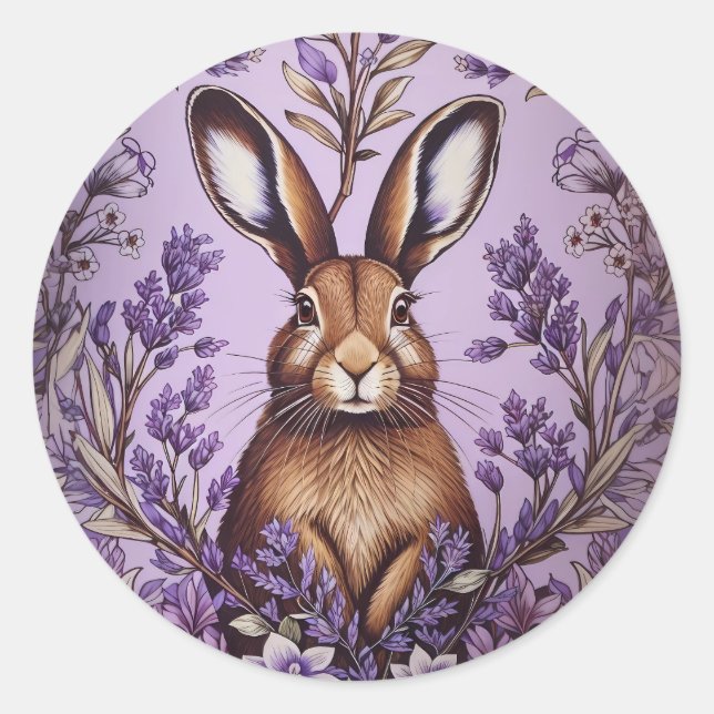 Cute Hare With Lavender William Morris Inspired  Classic Round Sticker (Front)