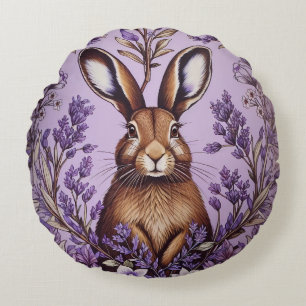 Cute Hare With Lavender William Morris Inspired  Round Cushion