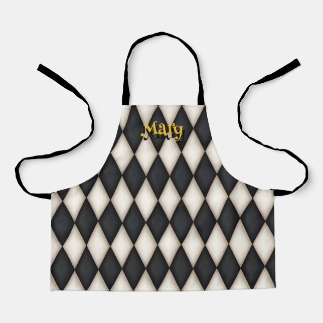 Cute Harlequin Pattern Playful Personalised Name Apron (Front)