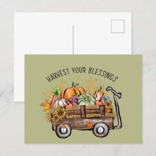 cute Harvest Blessings Fall Seasonal word art Holiday Postcard