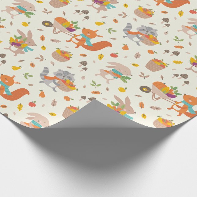 Cute Harvest Fall animals with vegetables on cream Wrapping Paper (Corner)