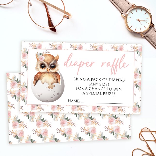 Cute hatching owl floral baby shower diaper raffle enclosure card (Creator Uploaded)