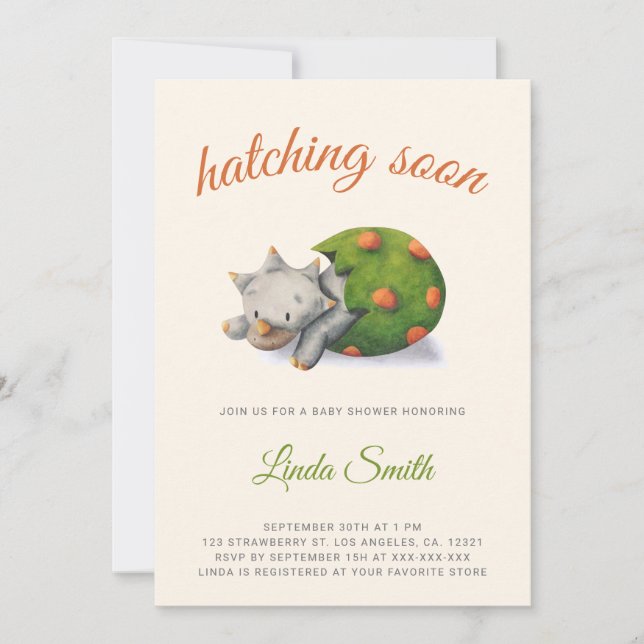 Cute Hatching Soon Dinosaur Baby Shower Invitation (Front)