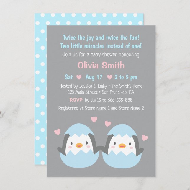 Cute Hatching Twin Penguins Baby Shower Invitation (Front/Back)