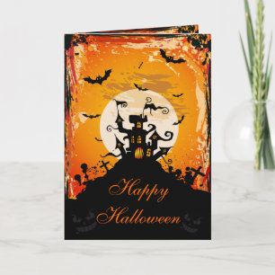 Cute Haunted House & Bats Halloween Card