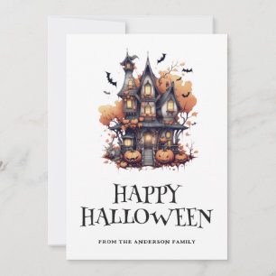 Cute Haunted House Bats Pumpkins Halloween Card