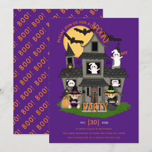 Cute haunted house purple Halloween party Invitation