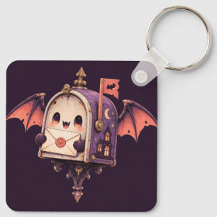 Cute Haunted Mailbox Bat Wings Halloween Key Ring