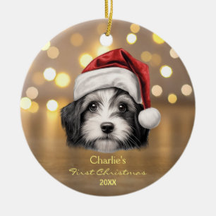Cute Havanese Dog Santa Hat Paw Personalized  Ceramic Ornament