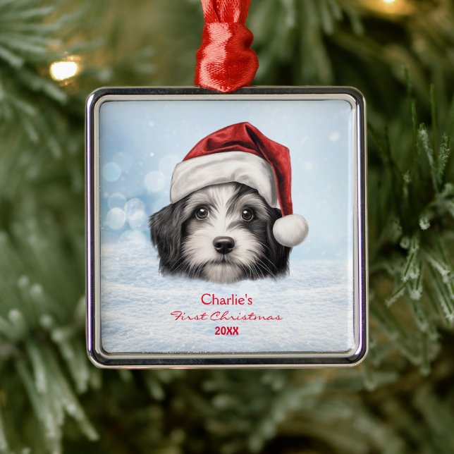 Cute Havanese Dog Santa Hat Personalised  Metal Ornament (Tree)
