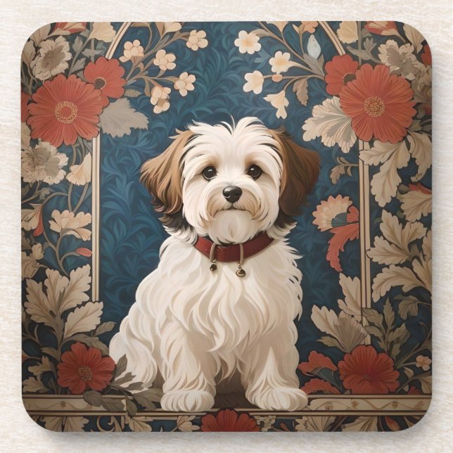 Cute Havanese Dog William Morris Floral Coaster (Front)