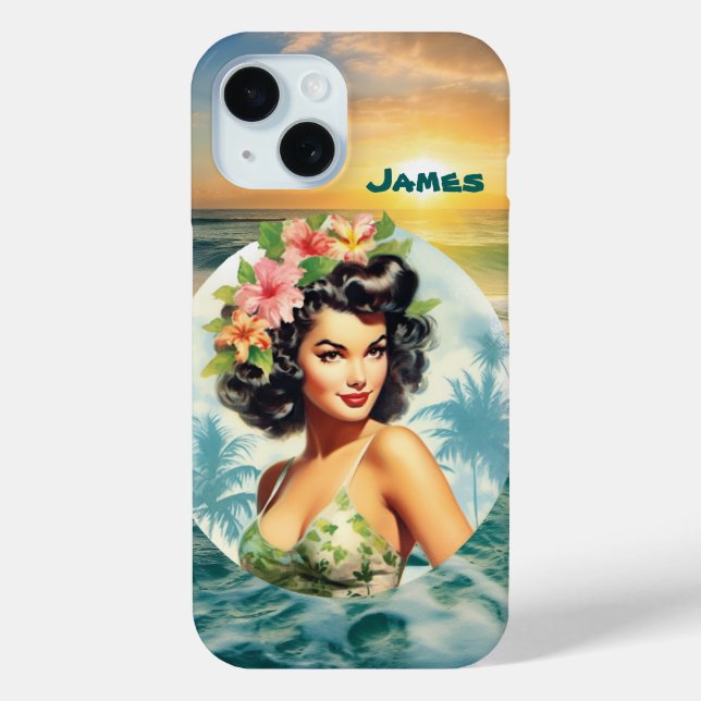 Cute Hawaii lady add name beach retro Case-Mate iPhone Case (Back)