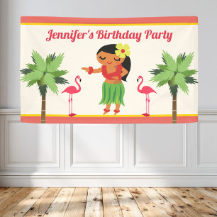 Cute Hawaiian Hula Girl Luau Birthday Party Banner