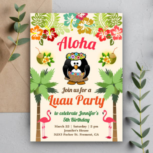 Cute Hawaiian Penguin Luau Birthday Party Invite