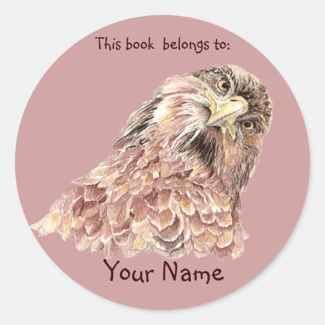 Cute Hawk Bird This book belongs Bookplate Classic Round Sticker (Front)