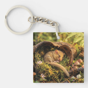 Cute Hazel Dormouse Sleeping Inside a Leather Boot Key Ring