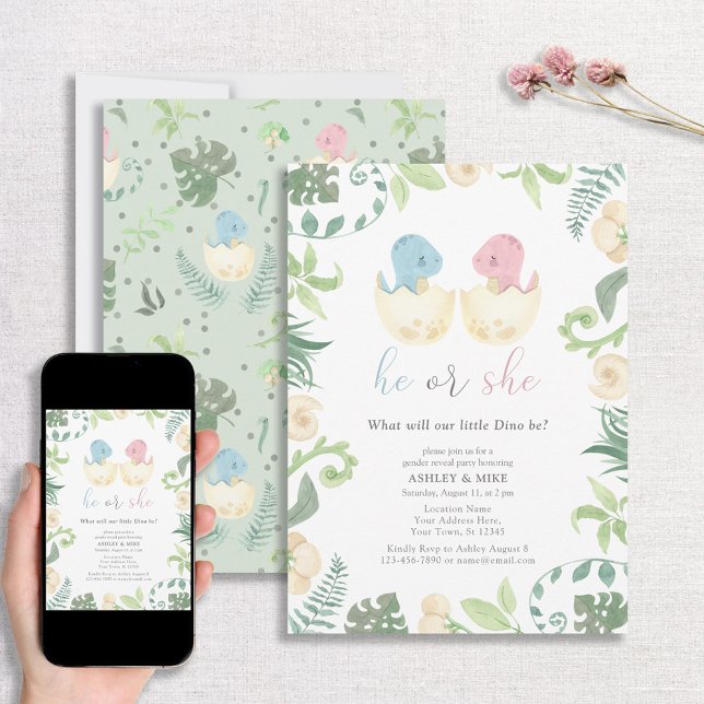 Cute He or She Dinosaur Gender Reveal Jungle Invitation (Creator Uploaded)