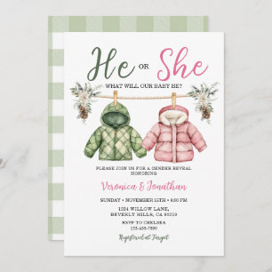 Cute He or she Winter Clothes Gender Reveal Floral Invitation