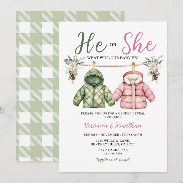 Cute He or she Winter Clothes Gender Reveal Floral Invitation (Front/Back)