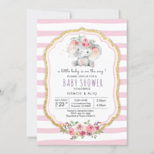 Cute Heart Baby Elephant Girl baby shower  Invitation