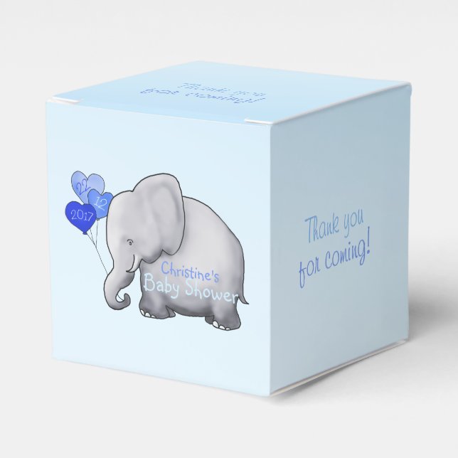 Cute Heart Balloons Elephant Blue Baby Boy Shower Favour Box (Front Side)
