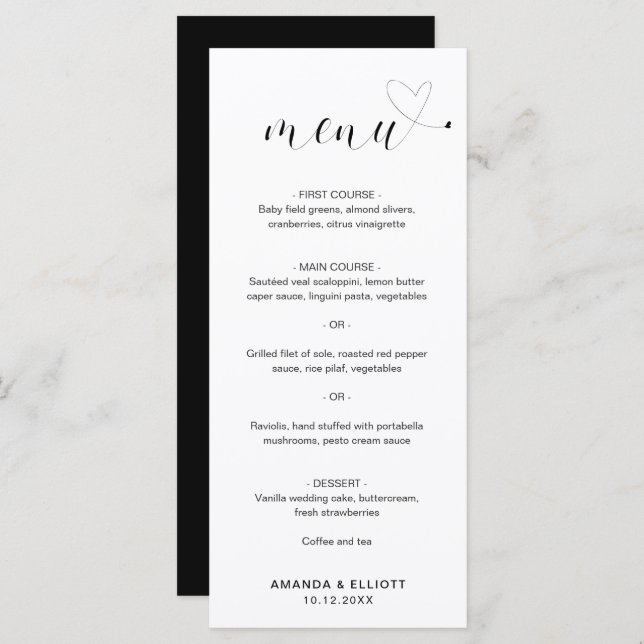 Cute Heart Black and White Simple Wedding Menu (Front/Back)