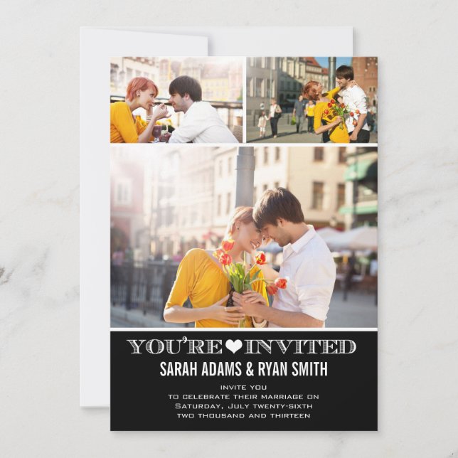 Cute Heart Black Wedding Three Photo Invitation (Front)