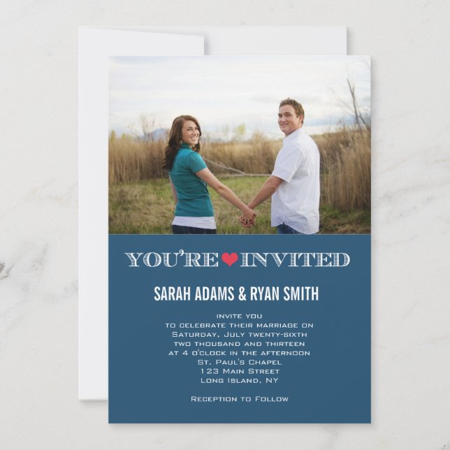 Cute Heart Blue Red Wedding Photo Invitations (Front)